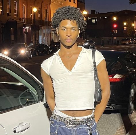 Queer Club Fashion, Queer Club Aesthetic, Queer Black Aesthetic, Queer Fashion Guys, Coquette Boy, Queer Poc Aesthetic, Black Queer Photography, Mens Crop Top, Black Male Models