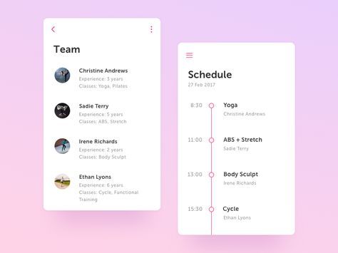 Fitness App | Schedule & Team by Valeria #Design Popular #Dribbble #shots Meeting Schedule Design, Time Schedule Design, Event Schedule Design, Chart Ui, Schedule App, List Ui, Itinerary Design, 브로셔 디자인, Scheduling App