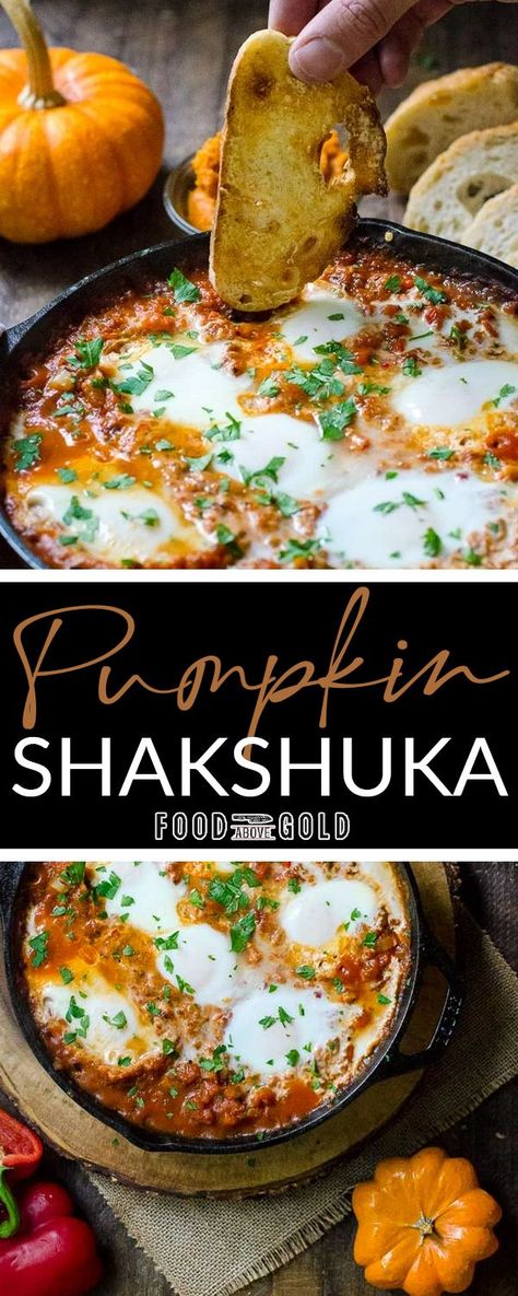 #ad With only a few ingredients, this pumpkin shakshuka recipe is loaded with autumnal flavor. Serve it on potatoes or with crusty bread for a delicious breakfast. This pumpkin shakshuka recipe is a great way to use an opened can of pumpkin puree. This gluten-free savory breakfast is extremely flavorful and done in about 20 minutes. You’ll love this recipe with its autumnal twist and look forward to making it over and over every year. | @foodabovegold #fallShakshukarecipe #howtomakeShakshuka Savory Pumpkin Casserole Recipes, Savory Pumpkin Breakfast, Dinners With Pumpkin Puree, Pumpkin Soup With Pumpkin Puree, Grilled Pumpkin Recipes, Savory Apple Recipes Vegetarian, Gourmet Autumn Recipes, Autumn Recipes Gluten Free, Shredded Pumpkin Recipes