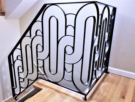 Art Deco Metal Railing - Great Lakes Metal Fabrication Stairs Art Deco, Art Deco Staircase Railing, Art Deco Railing, Black Railing Front Porch Art Deco, Art Deco Balustrade, Art Deco Metal Railing, Art Deco Staircase, Art Deco Stairs, Hollywood Art Deco