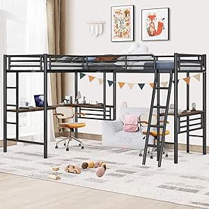 INCLAKE Twin Size L-Shaped Loft Bed with 2 Built-in Desks, Metal Loft Corner Bed with 2 Ladders and Safety Guard Rail, Heavy-Duty Bunk Bed for 2 Children Adults, Space Saving & No Noise, Black Staircase Wardrobe, Storage Staircase, Full Size Loft Bed, Desk Wardrobe, Metal Loft Bed, Loft Bed With Desk, Loft Bed Frame, Bed With Desk, Multifunctional Space