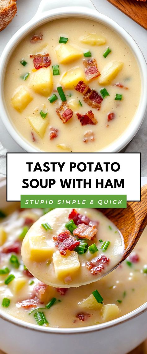 Image for Tasty Potato Soup with Ham Best Ham And Potato Soup Recipe, Potato Soup With Buttermilk, Potatoe Ham Soup Creamy, Ham Potatoes Soup, Easy Potato And Ham Soup, Potato Ham Soup Recipe, Potato And Ham Soup Recipe, Ham Bacon Potato Soup, Ham And Potato Soup With Ham Bone