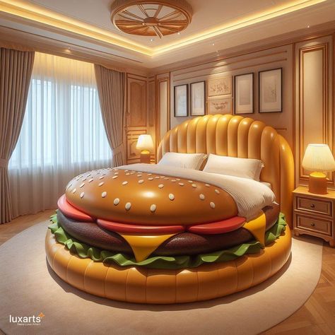 Hamburger Bed 🍔🛏️ #BurgerBed #ComfortBite #SleepySatisfaction Sink into savory slumber with the Burger Bed. Resembling a delicious burger, this bed combines quirky design with cozy comfort. Elevate your sleep experience with the Burger Bed, where every night is a feast for the senses. 🌟😴🍔 https://luxarts.net/burger-bed/ Hamburger Bed, Strange Furniture, Object Pictures, Creative Beds, Dream House Bedroom, Bed Sleeping, Unusual Furniture, Big Kid Bed, Bedrooms Ideas