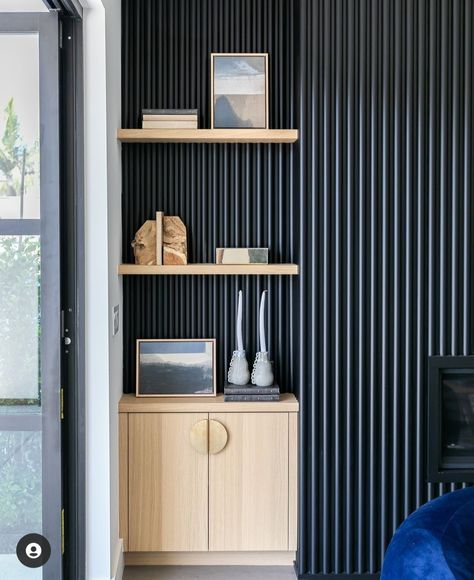 Black Wall Panel, Wood Slat Accent Wall, Slat Accent Wall, Sky Blue Paint, White Built Ins, Accent Wall Ideas, Wood Slat Wall, Slatted Headboard, Wood Accent Wall