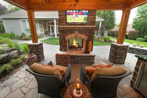 Outdoor Fireplaces - Paradise Restored Landscaping Outdoor Patio Fireplace, Backyard Gazebo Ideas, Deck Fireplace, Gazebo Ideas, Outdoor Fireplace Designs, Dream Patio, Outdoor Fireplace Patio, Double Sided Fireplace, Outdoor Pavilion