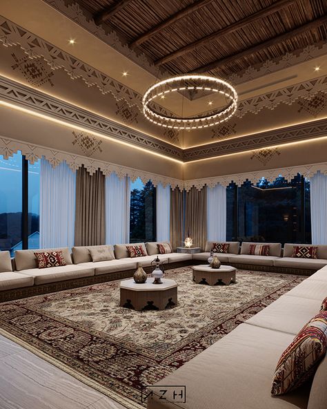 NAJDI MAJLIS on Behance Modern Arabic Interior, Arabic Living Room, Arabic Interior Design, Majlis Design, Islamic Interior Design, Arabian Decor, Loft House Design, Loft House, Luxury Homes Interior