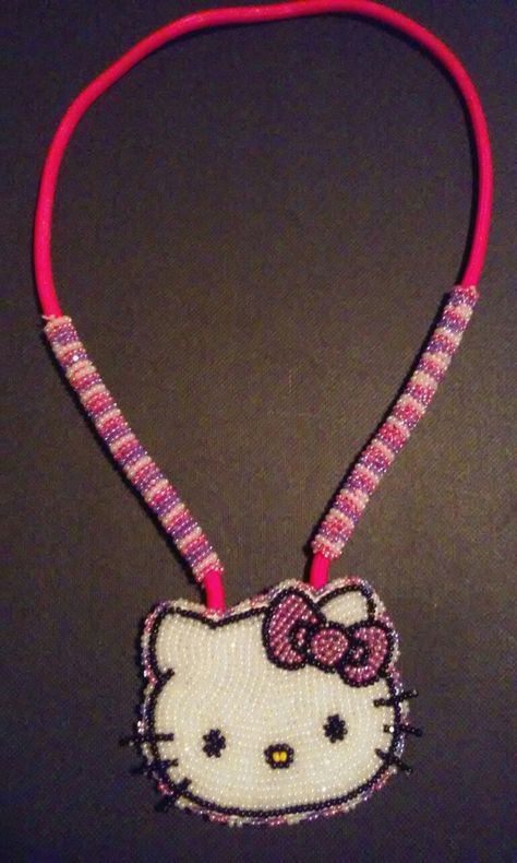 Girls flat stitched beaded hello kitty necklace with beaded rope by Eric Sabin Beaded Hello Kitty, Diy Stone Rings, Fancy Shawl, Paris Prom, Hello Kitty Necklace, Kitty Pattern, Kitty Necklace, Beaded Necklace Tutorial, Beadwork Designs