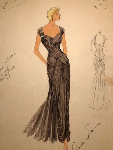 1930s Gowns Evening Dresses, 1930s Fashion Sketches, 1920s Fashion Sketches, Vintage Fashion Sketches, Vintage Fashion 1930s, Fashion Design Classes, Rouched Dress, 30s Fashion, Fashion Illustration Sketches