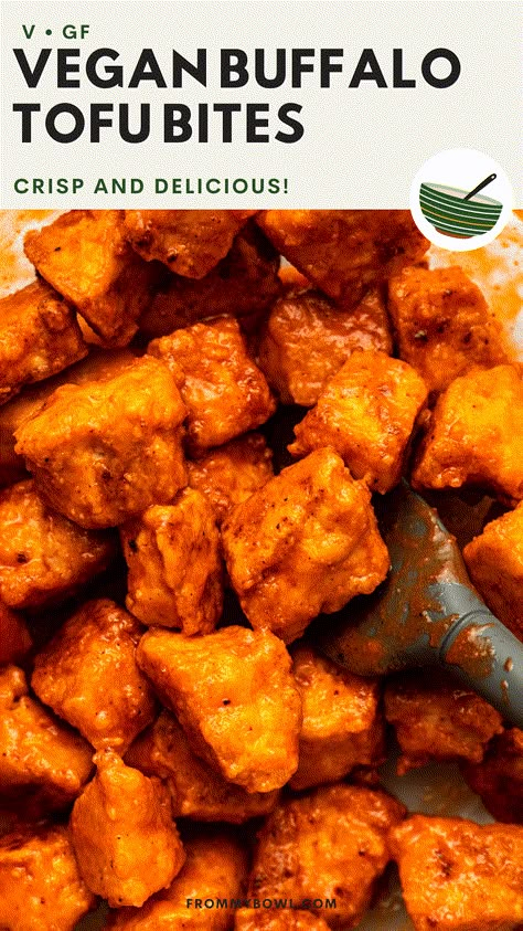 These crispy oven-baked Vegan Buffalo Tofu Bites are drenched in a spicy buffalo wing sauce and perfect as an appetizer or dinner protein! Tofu Buffalo Bites, General Tsaos Chicken Recipe, Crispy Buffalo Tofu, Tofu Meals, Tofu Snacks, Bday Food, Dinner Protein, Tofu Bites, Buffalo Tofu