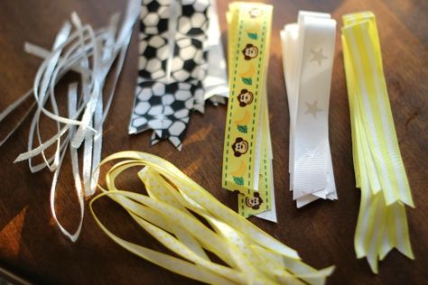 Diy Soccer Hair Ties, Diy Ribbon Ponytail Holders, How To Make Soccer Hair Ribbons, Ponytail Ribbons Diy, Ponytail Streamers Diy, Diy Team Hair Ties, Softball Hair Ribbons Diy, Soccer Hair Ribbons Diy, Soccer Hair Bows Diy