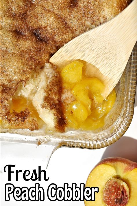 This peach cobbler has a cake-like cobbler on top of fresh peach pie filling or the filling of your choice! Peach Cobbler With Peach Pie Filling, Peach Pie Filling Cobbler Recipe, Peach Pie Filling Desserts, Peach Cobbler With Pie Filling, Peach Pie Filling Cake Mix Recipe, How To Make Peach Pie Filling From Canned Peaches, Cobbler With Pie Filling, Fresh Peach Pie Filling, Peach Bourbon Pie Filling