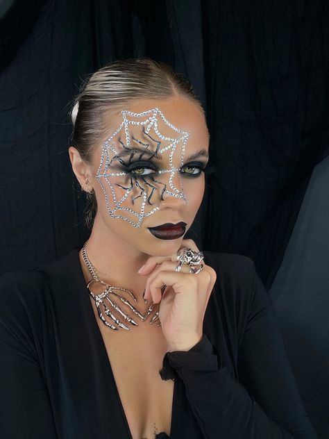 Halloween makeup , spider makeup, spider Halloween makeup, cobweb makeup, face jewels, jewelled cobweb makeup Halloween Makeup Rhinestones, Rhinestone Halloween Makeup, Cobweb Makeup, Corpse Makeup, Rhinestone Spider Web, Halloween Spider Makeup, Spooky Halloween Makeup, Mummy Makeup, Vampire Skeleton