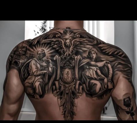 Back Piece Tattoo Men, Men Finger Tattoos, Angel Back Tattoo, Small Dope Tattoos, Chest Tattoo Drawings, Chest Tattoo Ideas, Backpiece Tattoo, Skull Rose Tattoos, Shoulder Blade Tattoo