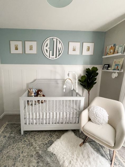 Nursery With Beadboard, Gray Crib Nursery Boy, Board And Batten Nursery Boy, Dusty Blue Accent Wall Nursery, Nursery Light Blue Walls, Blue Wall Panelling Nursery, Nursery Gray Crib, Gray Crib Nursery, Nursery Chair Rail