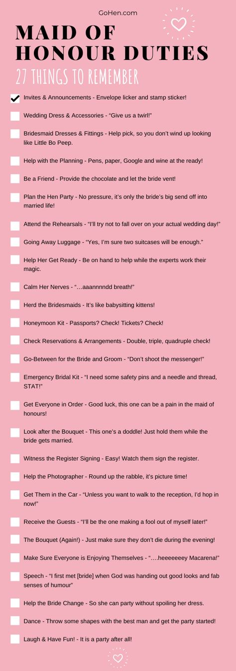 So your partner-in-crime is getting married and she’s asked you to be her maid of honor. Your role as the chief bridesmaid is to help alleviate the stress along the way and make sure it all runs as smoothly as possible. “But how?!” We hear you scream. Well, we’ve come up with a checklist for those all-important maid of honor duties, so you don’t feel too overwhelmed!  #maidofhonorduties #maidofhonor #bridesmaids #mohduties #weddingchecklist #checklist #bridesmaidchecklist Maid Of Honour Duties Checklist, Tasks For Bridesmaids, How To Be A Good Maid Of Honor, Chief Bridesmaid Dresses Maid Of Honor, Bridesmaid Tasks List, Maid Of Honour Duties, Made Of Honor Duties, Maid Of Honor Dress Different, Maid Of Honor Checklist