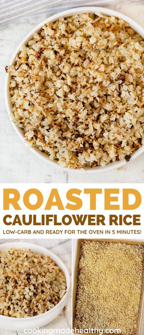 Roasted Cauliflower Rice is an easy low-carb rice alternative, ready in under 30 minutes! #sides #sidedish #cauliflower #cauliflowerrice #healthydinner #healthyrecipes #dinnerthendessert E2m Recipes, Roasted Cauliflower Rice, Gi Recipes, Easy Roasted Cauliflower, Rice Alternatives, Cauliflower Side Dish, How To Cook Cauliflower, Keto Veggies, Low Carb Rice