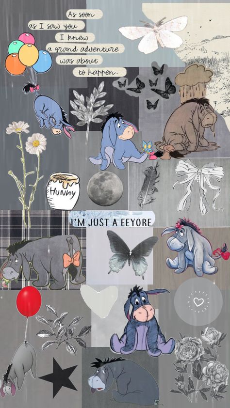 Eeyore 🩶 Eeyore Wallpaper, Eeyore Pictures, Stitch Coloring Pages, Winnie The Pooh Pictures, Cute Winnie The Pooh, Xmas Wallpaper, Disney Collage, Disney Phone Wallpaper, Simple Iphone Wallpaper