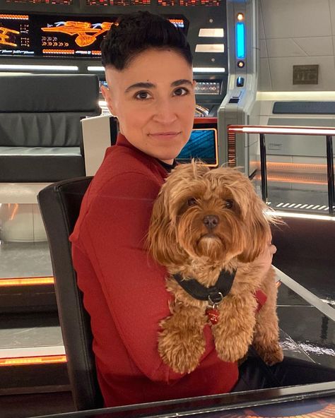 Melissa Navia on Instagram: “Hi from the helm. #NationalPetDay 🐶: @runa_ewok” Melissa Navia, Star Trek Fashion, Crochet Characters, Strange New Worlds, National Pet Day, Magic Mirror, Live Long, My Wife, Star Trek