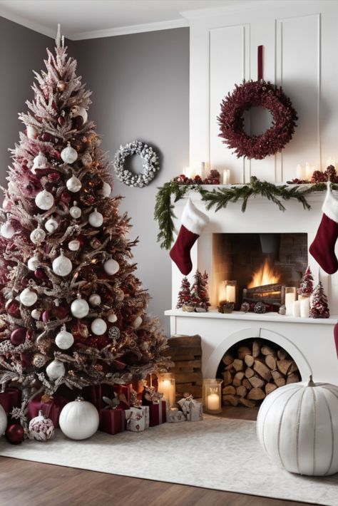 Balance deep burgundy with crisp white for a fresh take on Christmas decor. Find inspiration for combining these contrasting colors in your holiday designs. White And Burgundy Christmas Tree, Burgundy And White Christmas Tree, Burgundy Christmas Tree, Christmas Tree Colour Scheme, Burgundy Christmas, Silver Garland, Coordinates Gift, White Fairy Lights, Vampire Aesthetic