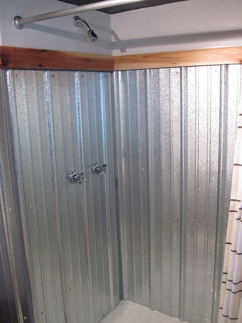 Hmmm.  Galvanized metal shower surround [links to the full DIY how-to].  INteresting. Galvanized Shower Walls, Corrugated Metal Shower, Galvanized Shower, Tin Shower, Rustic Bathroom Shower, Primitive Bathrooms, Bathroom Closet, Closet Remodel, Diy Shower