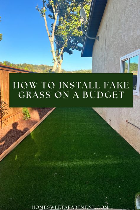 Fake grass outside in yard Turf Area Backyard, Backyard No Grass Ideas Cheap, Diy Turf Installation Backyard, Fake Grass Small Backyard Ideas, Installing Turf Lawn, Backyard Landscaping Fake Grass Ideas, Fake Grass Landscaping Ideas, Backyard Refresh On A Budget, Budget Friendly Backyard Landscaping