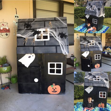 Haunted house James and I made from a cardboard box 🕷🎃👻 Halloween Cardboard Box Ideas, Haunted House Cardboard Box Ideas, Diy Haunted House Cardboard, Halloween Cardboard House, Diy Cardboard Haunted House, Haunted House Shoebox Project, Cardboard Box Haunted House, Box Haunted House Cardboard, Cardboard Haunted House Diy Template