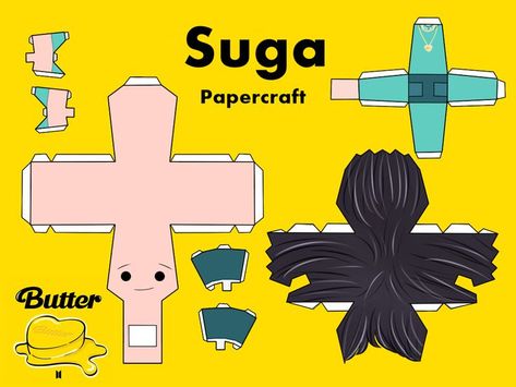 Papercraft de Suga inspirado en "Butter" de BTS Kpop Papercraft, Rm Drawing, Anime Paper, Kpop Diy, Crafts Sewing Projects, Paper Doll Template, Scrapbook Stickers Printable, Pinterest Diy, Anime Crafts