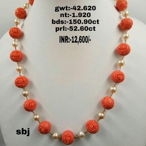 Coral Jewelry Indian Gold Simple, Coral And Pearl Jewellery, Coral Rose Jewellery, Poosala Haram, Coral Jewelry Indian Gold, Ruby Necklace Designs, Antique Necklace Gold, Ruby Jewelry Necklaces, Coral Jewelry Set