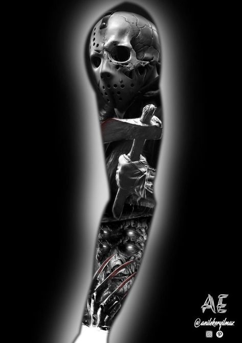 Freddie Cruger Tattoos, Horror Design Ideas, Horror Arm Sleeve Tattoo, Freddie Kruger Tattoo, Jason Tattoo Design, Freddy Vs Jason Tattoo, Hell Tattoo Ideas, Freddy Krueger Tattoo Design, Horror Leg Sleeve Tattoo