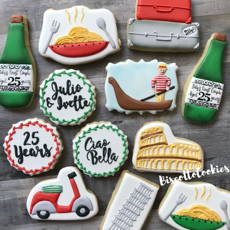 Italian Theme Cookies, Italy Cookies, Engagement Party Cookies, Travel Cookies, Italian Birthday, Italy Party, Italian Themed Parties, Italian Dinner Party, Italian Party