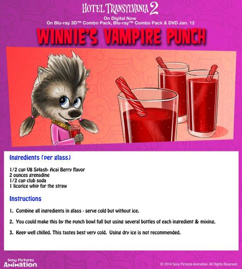 Click HERE to download the Hotel Transylvania 2 recipe. This vampire punch is tasty and fun. It’s got a blood red color and the red licorice straw is super cute. You might also like:Hotel Transylvania Halloween Party Food – Eunice’s Green Sludge PunchEasy Pomegranate Lime Mocktail Hotel Transylvania Halloween Party Food – Worm PancakesHotel Transylvania Halloween … Werewolf Pup, Red Punch Recipes, Vampire Punch, Birthday Hotel, Festa Hotel Transylvania, Hotel Transylvania Birthday, Hotel Transylvania Party, Hotel Transylvania Movie, Disney Themed Food