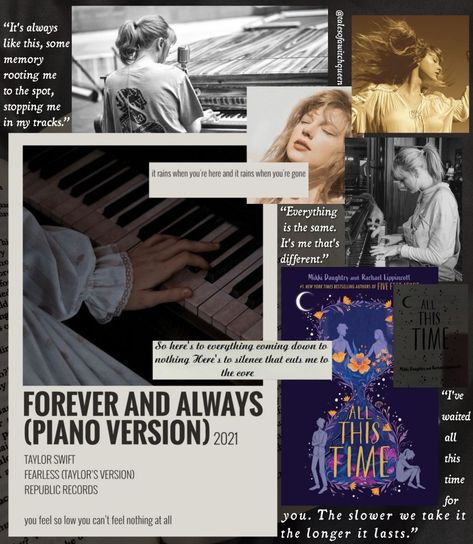 IG: talesofawitchqueen &&& books as Taylor Swift songs &&& forever and always by taylor swift aesthetic and lyrics along with all this time by mikki daughtry and rachael lippincott book cover, quotes and aesthetic.