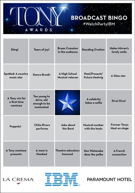 Tony Award Bingo Card Tony Awards Party Ideas, Tony Awards Party, 40th Party Ideas, Broadway Theme, Broadway Party, Gala Decorations, Sweet 16 Themes, Bar Mitzva, Movie Themed Party