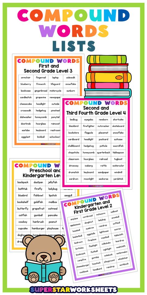 Free printable Compound Word lists for elementary students! Students of different grades and reading levels will be included in this pack. Children will practice by sounding each out syllable. #reading #compoundwords #wordlists #kindergarten #preschool #firstgrade #secondgrade Compound Words First Grade, Eng Learning, Compound Words Worksheets, Compound Words Activities, Word Flashcards, Words List, Word Block, Activities Printable, Sight Word Flashcards