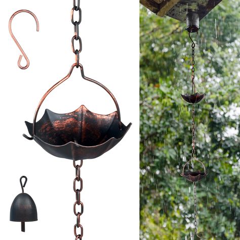 PRICES MAY VARY. Umbrella Shaped Design: The rain chain consists of 12 unique umbrella shaped cups and a bell shaped pendant. The unique design and vintage colors add an elegant touch to your house and courtyard. A widened cup can catch a large amount of rainwater and slowly flow down. Easy To Hang: The rain chains for outside don’t require assembly, with an "S" shaped hook designed on the top. Just hang the hook on the adapter under the eaves. 12.5ft rain chain suitable for most standard single Rain Chain Diy, Unique Umbrella, Rain Catcher, Rain Chains, Drainage Pipe, Rain Chain, Rain Umbrella, Hook Design, House Projects