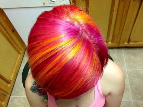 Sherbet Hair Color, Pink And Yellow Hair, Pink And Orange Hair, Flame Hair, Pink Emo, Vivid Hair, Orange Highlights, Vivid Hair Color, Bold Hair Color