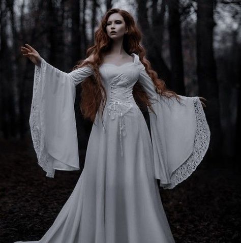 Female Goddess Outfit, White Midevil Dresses, White Witch Outfit Aesthetic, White Robes Fantasy Aesthetic, White Vampire Dress, White Witch Aesthetic Outfit, White Flowy Dress Goddesses, White Witch Outfit, White Witch Dress