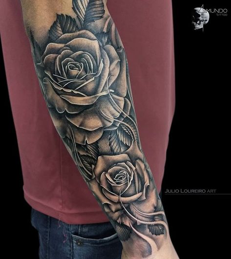 Lion Tattoo Sleeve Forearm, Rose Tattoo Men Forearm Stencil, Mens Rose Sleeve Tattoo, Men’s Rose Tattoo Sleeves, Men Rose Tattoo Sleeve, Rose Bush Sleeve Tattoo, Rose Half Sleeve Tattoo For Men, Flower Half Sleeve Tattoo Men, Rose Tattoo Men Forearm Half Sleeves