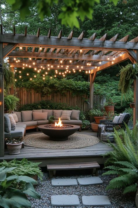 Wooden deck with cozy seating and string lights overhead. An outdoor living room is where nature and luxury collide, turning your backyard into the ultimate spot for lounging, laughing, and living it up. Cozy Deck Ideas Outdoor, Outdoor Hosting Backyard Parties, Small Backyard Patio Designs, Outside Patio Ideas, Cozy Backyard Ideas, Outdoor Living Room Ideas, Cozy Back Porch Ideas, Nice Backyard, Backyard Aesthetic