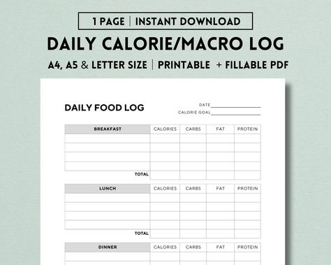 Daily Calorie and Macro Log Printable, Calorie Tracker, Calorie Counter, Meal Planner, Weight Loss Planner, Food Journal, Food Diary, PDF passionplanner #freehomeschoolplanner Macro Tracker, Breakfast Calories, Meal Planner Printable Free, Tracking Macros, Calorie Tracker, Kids Planner, Counting Calories, Calorie Counter, Weight Los