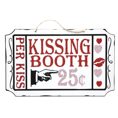 Kissing Booth Sign, Ticket Style, Kissing Booth, Heart Decorations, Photo Booth Props, Valentines Diy, Pink Glitter, Hanging Wall Decor, Wooden Signs