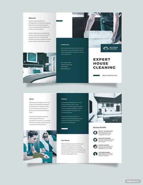 House Cleaning Tri-Fold Brochure Template Cleaning Brochure, Travel Brochure Design, Indesign Tutorials, Brochure Inspiration, Modern Brochures, Marketing Presentation, Professional Brochure, Trifold Brochure Design, Marketing Brochure