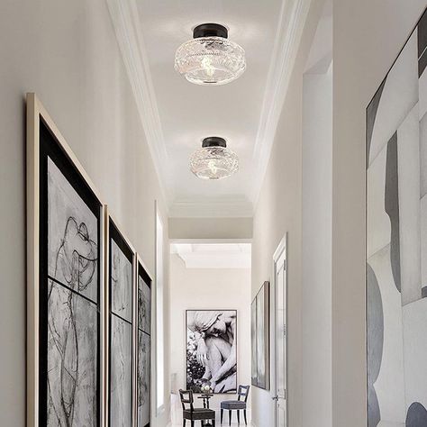 Elevate your hallway with our Retro Clear Luxury Ceiling Hallway Light. Crafted with retro charm and luxury in mind, this fixture adds a touch of sophistication to any space. Featuring clear glass and timeless design, it illuminates your hallway with style and elegance. Hallway Ceiling Light Fixtures, Black Hallway, Hallway Light, Hallway Light Fixtures, Lamps For Kitchen, Round Ceiling Light, Metal Lamp Shade, Farmhouse Chandelier, Hallway Lighting