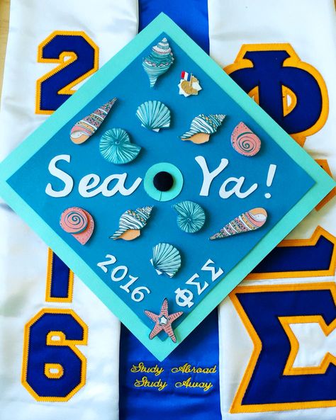 "Sea Ya! Marine Biology graduation cap design #graduationcap… Biology Graduation Cap, College Grad Cap Ideas, High School Graduation Cap, College Graduation Cap Decoration, Grad Hat, Grad Cap Designs, Grad Cards, Graduation Cap Designs, Graduation Hat