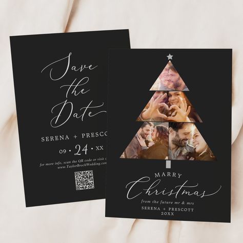 This delicate charcoal marry Christmas tree holiday save the date card is the perfect simple holiday greeting. The romantic minimalist design features lovely and elegant typography on a dark charcoal background with a clean and simple look. Personalize the front of the card with 4 photos, your names and the year. Include your wedding save the date info on the back, including a QR code for your wedding website. Christmas Save The Date, Grey Wedding Theme, Charcoal Wedding, Christmas Card Set, Married Christmas, Minimalist Christmas, Holiday Party Invitations, Save The Date Card, Christmas Invitations