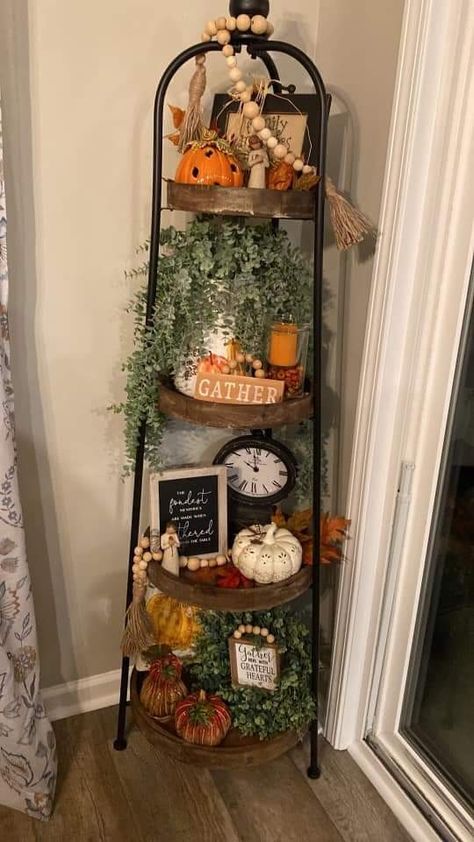 Autumn Tiered Tray Decor Ideas, 4 Tier Shelf Fall Decor, Tiered Basket Stand Decor, Hobby Lobby 3 Tier Stand Decor, Thanksgiving Rustic Decor, Decorating A Corner Shelf, Modern Farmhouse Fall Decor Living Room, Hobby Lobby Autumn Decor, Fall Decor For 2023