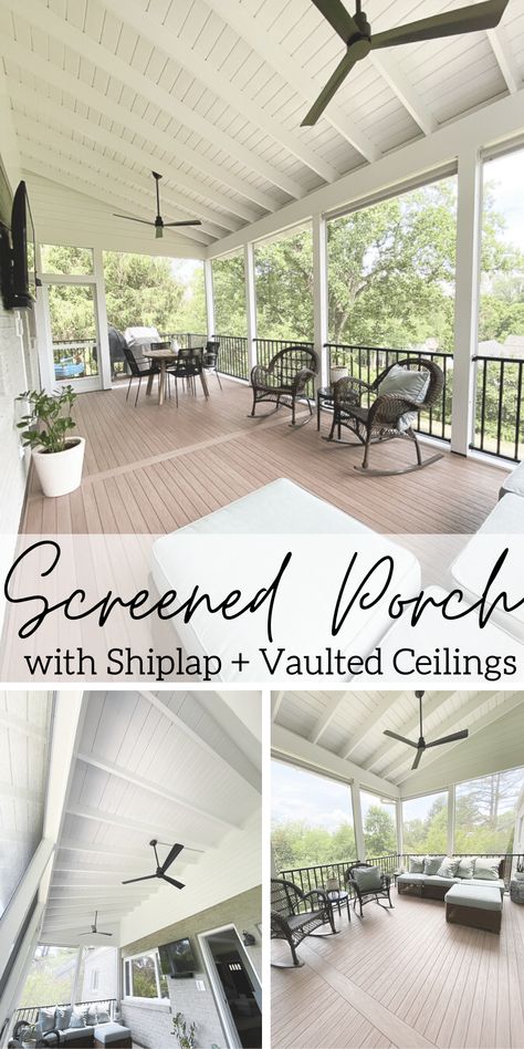 We turned our back deck into a screened in porch with shiplap walls, vaulted ceiling, exposed rafters, Trex signature railings, Minka Aire fans, LED strip lights, and Wolf tongue and groove composite flooring in Weathered Ipe. Plus the Dexture Table from West Elm and Pottery Barn Palmetto All Weather Wicker Sofa. #shiplap #screenedinporch #vaultedceiling Exposed Rafters Ceiling Porch, Turning Deck Into Screened Porch, Covered Porch Ceiling Ideas Farmhouse, Trex Deck Screened In Porch, Deck Turned Into Screened In Porch, Turning A Deck Into A Sunroom, Outdoor Ceiling Fans Screened In Porch, White Porch Ceiling, Covered Porch Flooring Ideas