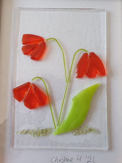 Fused Glass Art 3 Orange Flowers Scene - Etsy UK Fused Glass Flowers Ideas, Fused Glass Panel, Glass Fusion Ideas, Fused Glass Ornaments, Glass Art Projects, Panels Wall, Glass Fusion, Resin Coasters, Glass Fusing