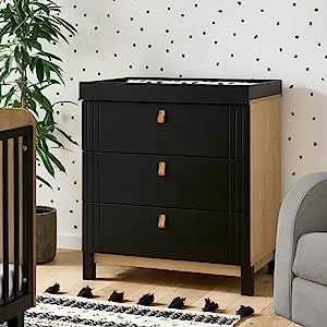 Rafi Baby Changing Unit with 3 Drawers - Dresser/Changing Table with Clothes Storage - Nappy Changing Station - Black & Oak Bold, Modern Nursery Furniture with Faux Leather Handles : Amazon.co.uk: Baby Products Dresser Changer, Baby Changing Unit, Modern Nursery Furniture, Contemporary Nursery, Mattress Base, Cot Bed Mattress, Beautiful Furniture Pieces, Changing Unit, Bed Dresser