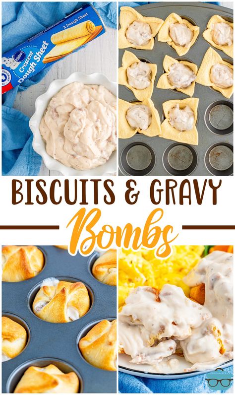 With only two ingredients, these Biscuits and Gravy Bombs are a super fun and easy breakfast that you will want over and over again! Biscuit And Gravy Appetizers, Biscuits And Gravy Appetizer, Country Cooking Recipes, Biscuit Gravy, Easy Biscuits And Gravy, Best Biscuits And Gravy, Muffin Cups Recipes, Tin Recipes, Thanksgiving Breakfast